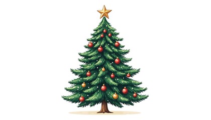 Fototapeta premium Christmas tree with star and red, orange ornament on white background for greeting card. Winter holiday season decoration.