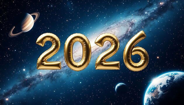 Golden balloon numbers 2026 floating in a starry cosmic background. New Year future concept with planet Earth and Saturn for celebration card.