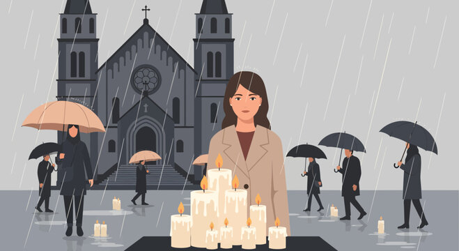 Sorrowful vigil in the rain, candles burning in remembrance of cherished ones