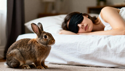 Calm woman owner sleeping in bed, resting peacefully with cute pet rabbit in bedroom. domestic animal sits quietly on floor