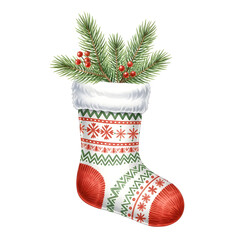 Festive Holiday Stocking with Pine Branches and Berries