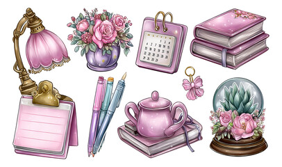 Feminine Study Essentials Illustration with Glossy Stationery and Decorative Items