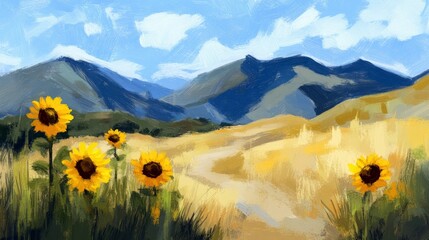 A painting of sunflowers in a field with mountains in the background under a blue sky with clouds. The image has a painterly style.
