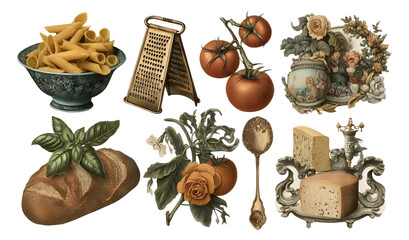 Vintage Culinary Art Collection with Pasta, Tomatoes, Roses and Cheese Elements