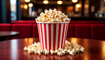 Red and white striped popcorn box overflowing with popped kernels on a wooden table. Cinema snack for movie night.