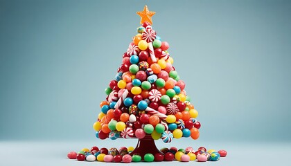 Colorful candy Christmas tree with an orange star on top and scattered sweets around the base. Holiday celebration and sweet treat concept.