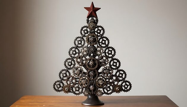 Steampunk Christmas tree made of gears with a red star on top. Creative holiday decoration for industrial style design. - Powered by Adobe