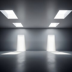 Fototapeta premium Empty concrete room with bright light from skylights and two luminous doorways.