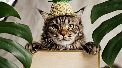 Funny Maine Coon Cat Wearing Pineapple Hat Holding Blank Wooden Sign Tropical Summer Vacation Concept