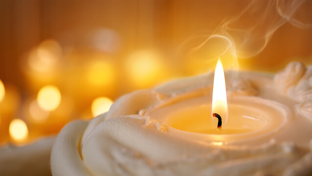 Close up of a lit white candle with a gentle flame and smoke rising surrounded by soft bokeh lights creating a warm and serene atmosphere for reflection or remembrance