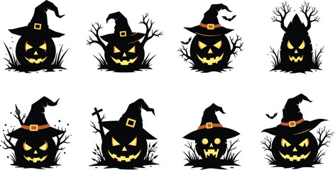 Halloween pumpkin illustrations, spooky jack-o'-lanterns, witch hat designs, eerie graveyard scenes, festive vector graphics, haunted tree silhouettes, bat elements