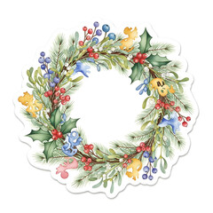 Floral Christmas Wreath with Snowy Winter Leaves and Berries