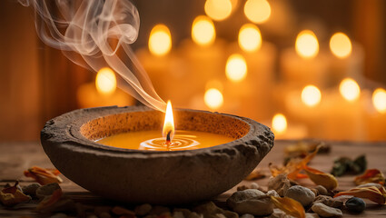A close up of a lit candle in a rustic bowl with smoke rising surrounded by dried botanicals and a bokeh background of warm glowing lights