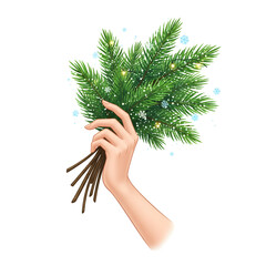 Hand Holding Fresh Green Pine Branches for Christmas Decoration