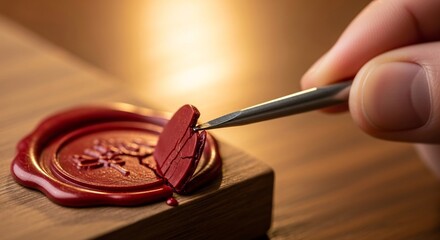 Close-up of a hand using a tool to break a wax seal.