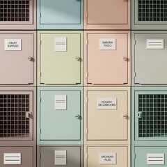 Colorful pastel lockers with various storage compartments and labels.