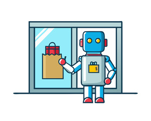 A robot is standing in front of a window with a box in its hand. The robot appears to be holding a bag of groceries
