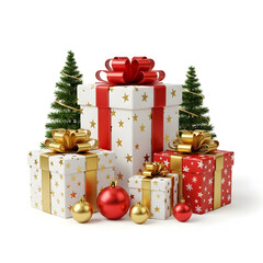 Holiday Pile of Christmas Gift Boxes with Ribbons and Decor