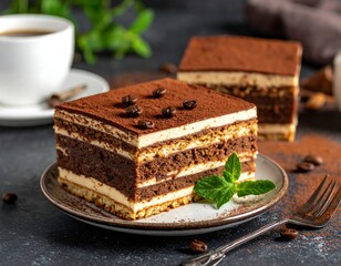 Close-up of tiramisu dessert on a plate with coffee and mint leaf