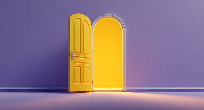Open the door. Symbol of new career, opportunities, business ventures and initiative. Business concept. 3d render, yellow light inside open door isolated on purple background. Modern minimal concept.