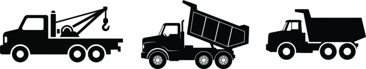 Heavy Truck Icons: Tow, Dump, and Hauling Vehicle Silhouettes for Logistics and Industry.