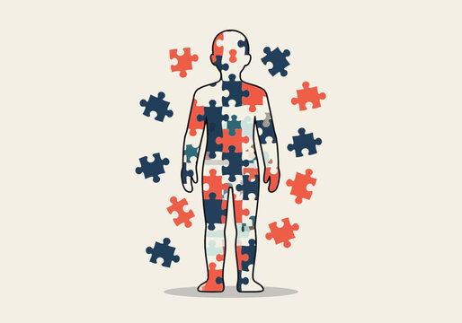 Human figure composed of puzzle pieces, with scattered pieces around.