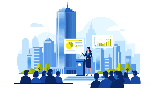 Businesswoman presenting financial data at a conference against a cityscape - Powered by Adobe