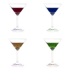 Minimal studio composition of four bright martini drinks with different colors served in classic cocktail glasses, creating a fresh, modern and festive mood for advertising