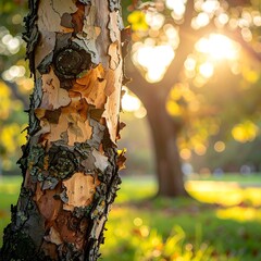 Close-up of tree bark with sunlight streaming through the autumn foliage