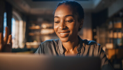 Close up of a young african american woman smiling and waving at a laptop screen during a video call at night.