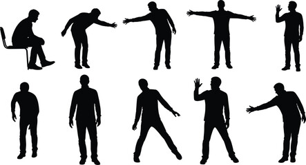 Human gesture silhouette set, body posture poses, sitting standing waving, black vector, animation reference, gesture recognition, expressive movement, artistic figure illustration