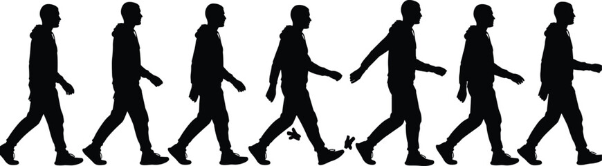 Human walking silhouette sequence, biomechanics motion, gait cycle illustration, black vector, animation reference, physical therapy, movement study, posture analysis, step progression, motion phases