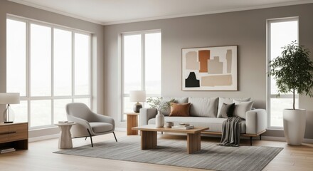 Modern Bright Living Room with Large Windows and Minimalist Decor