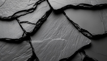 Close-up of a textured dark gray slate roof with overlapping tiles, creating a patterned surface.
