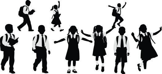 School children silhouettes, uniformed students walking, jumping, standing, black vector, backpacks and ties, education theme, student activity, childhood motion, classroom concept