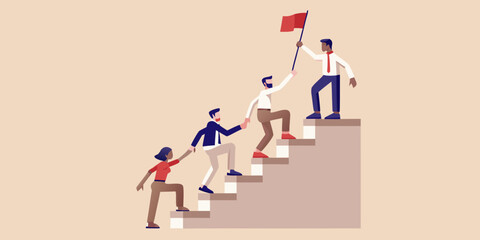 Team climbing stairs to success with leader holding flag