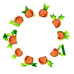 A circular arrangement of bronze medals with green ribbons. The medals are marked with the number three, creating a festive and celebratory design.