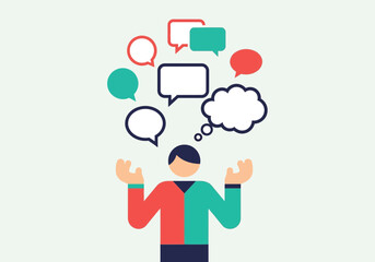 Person with multiple speech bubbles floating above head.