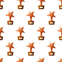 Seamless pattern of awards featuring bronze trophies and star-shaped medals on a white background. Ideal for celebration themes and recognition events.