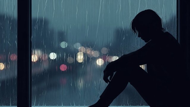 Reflective silhouette looks out at rainy city lights, conveying solitude and introspection in a modern, moody scene, perfect for emotional storytelling - Powered by Adobe