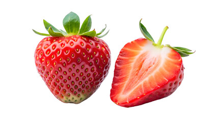 Fresh strawberries, one cut in half, inviting taste of summer, perfect for smoothies, desserts, healthy snacks and vibrant food photography, delicious taste