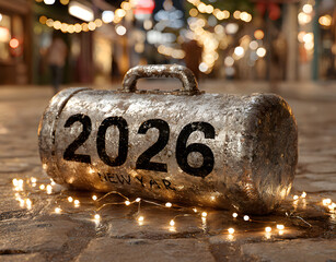 metallic time capsule marked '2026' surrounded by sparkling lights, happy new year