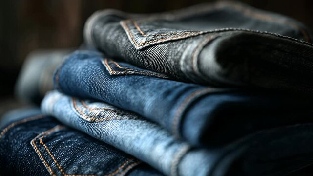 Closeup of Stacked Denim Jeans in Natural Light with Textured Fabric Details