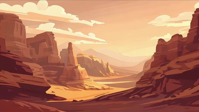 Warm 2D Cartoon Vector Canyon Landscape Animation with Layered Rock Formations and Smooth Atmospheric Motion