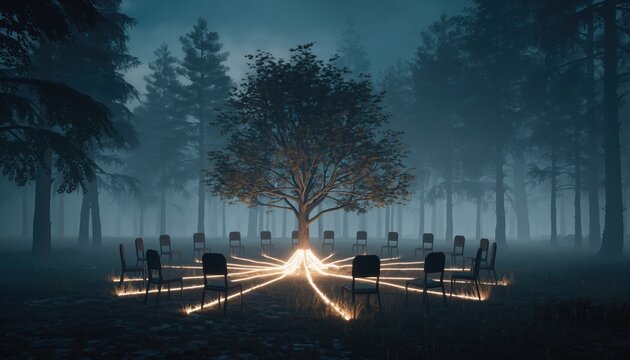 Support group circle in forest connected by glowing lines symbolizing unity, healing, and guided support - Powered by Adobe