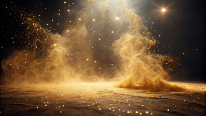 Luxury golden dust swirls in spiritual christmas light, creating magical festive atmosphere with sparkling particles and warm glow