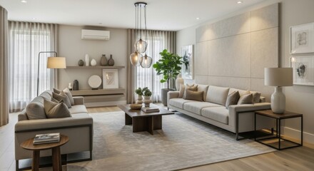 Modern Neutral Living Room with Comfortable Sofas and Elegant Decor
