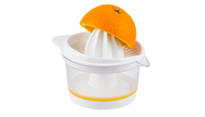 Orange on a Manual Orange Juicer with Squeezed Orange, Isolated on Transparent Background