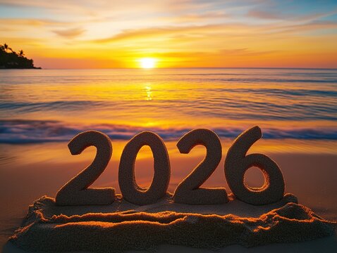 Tropical beach sunset background with numbers "2026" written in sand, symbolizing New Year summer vacation and travel planning for resort promotion, New Year's Eve party concept.