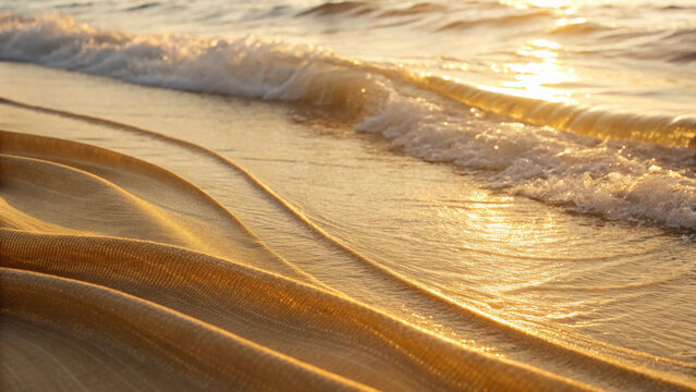 Golden luxury fabric flows on sandy beach with spiritual light reflecting on gentle waves at sunset creating peaceful christmas mood